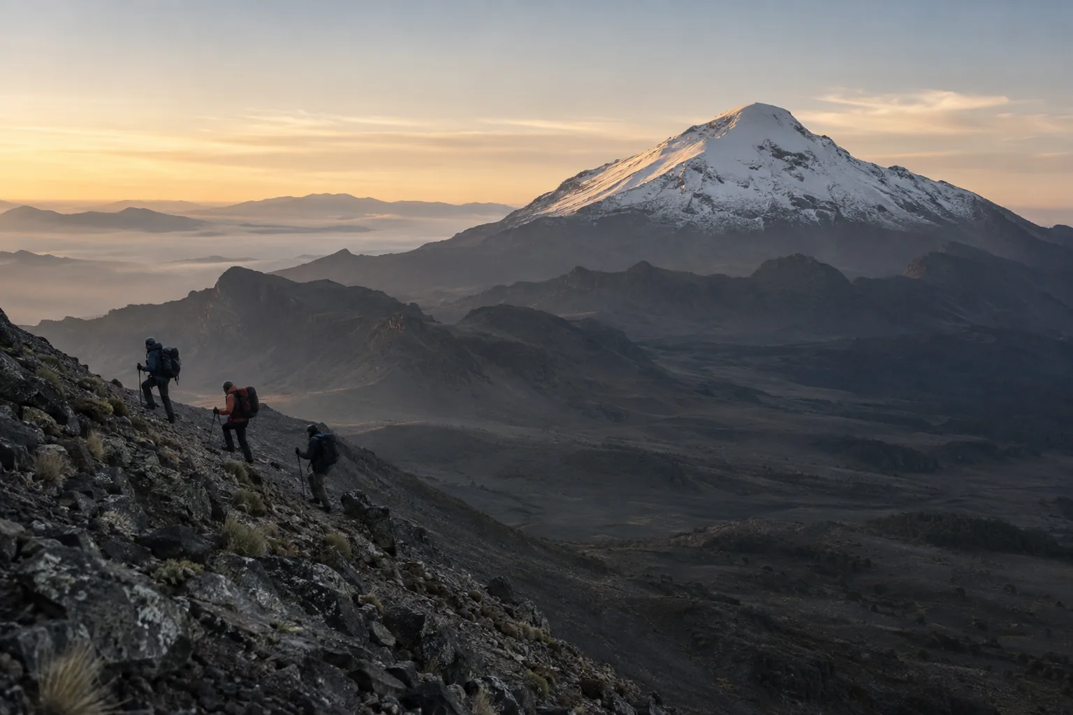 Vista cinematográfica conceptual del Pico de Orizaba al amanecer con tres excursionistas ascendiendo una ladera