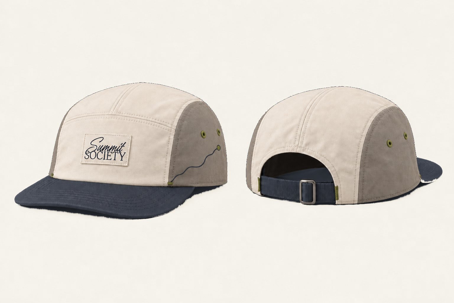 Vista frontal y posterior de la gorra First Step 5-Panel sobre fondo Ridge Graphite integrado