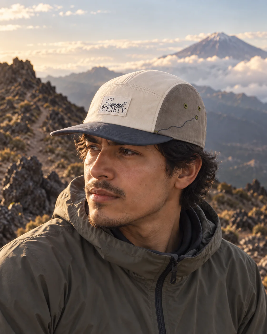 Persona usando la gorra 5-panel de Summit Society en una cresta volcánica