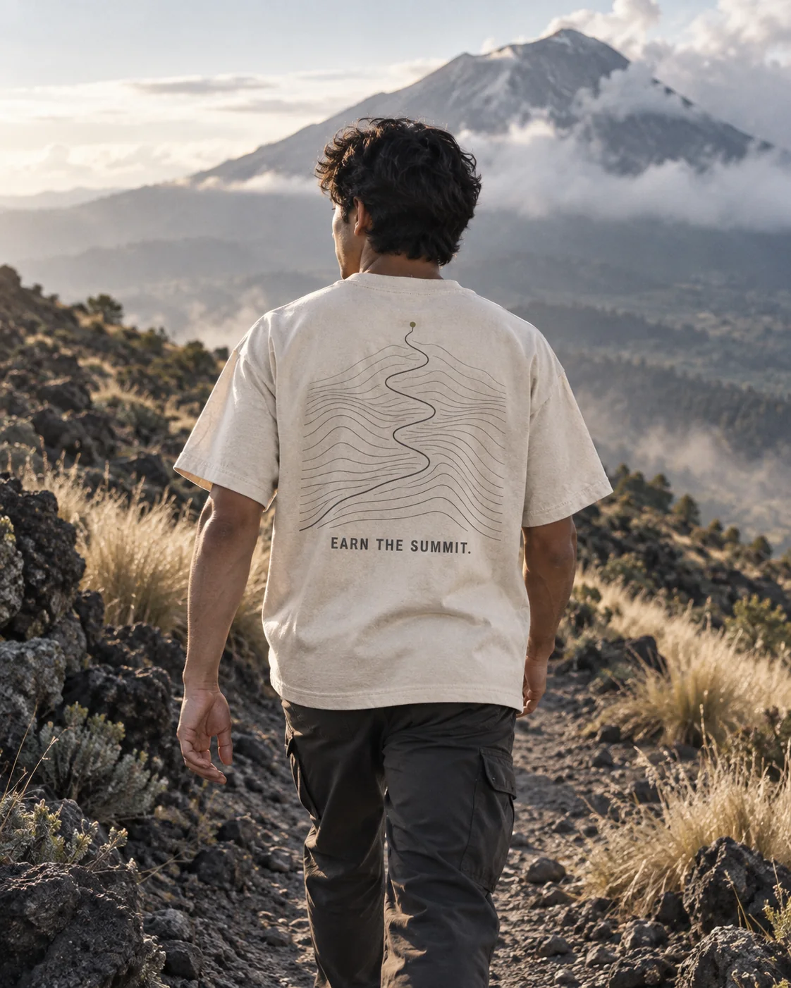 Persona usando la playera heavyweight Earn the Summit en un sendero volcánico